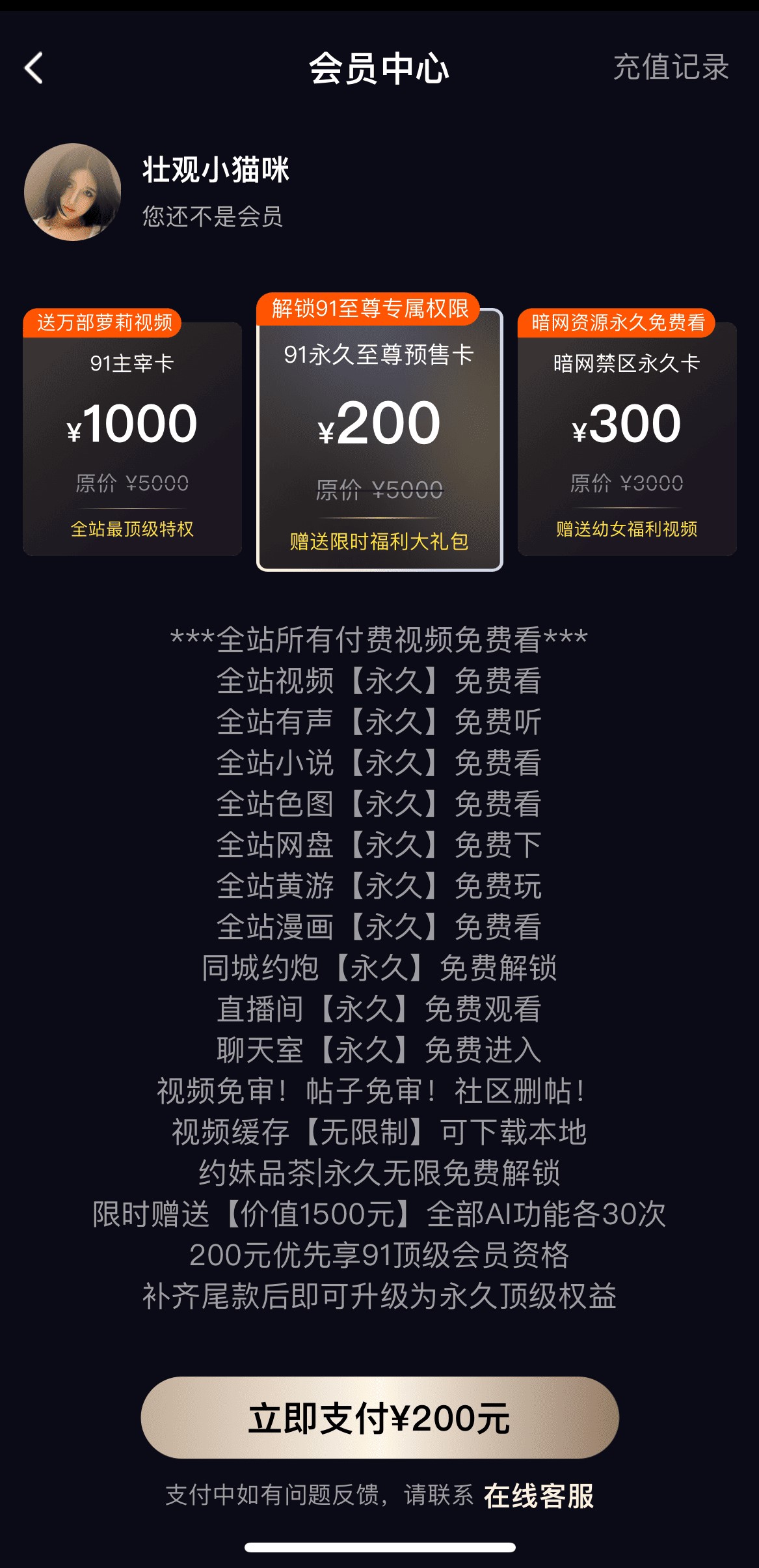 91POAPP VIP会员开通特权说明与套餐选择页